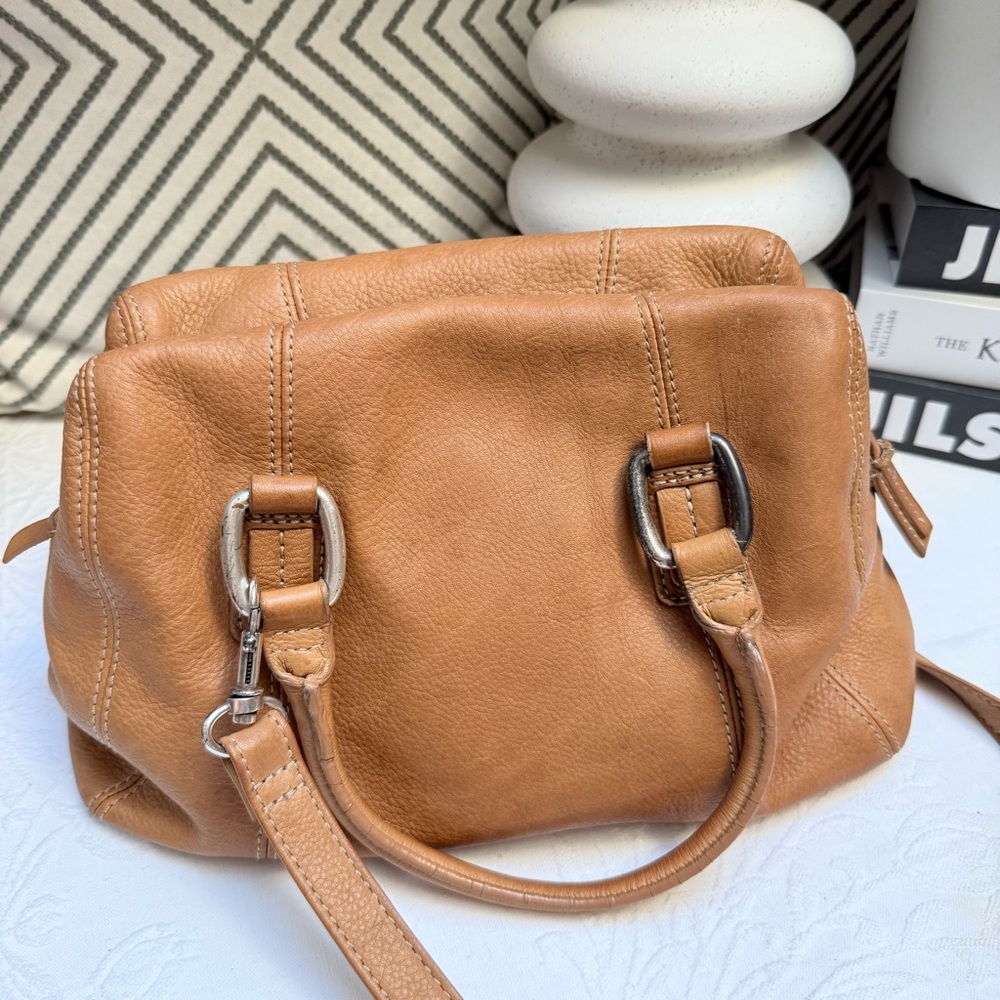 Fossil Tan Leather Satchel with Silver Hardware